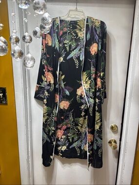 Boohoo Black Floral Swim Coverup with Green & Peach Accents